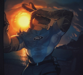 2_horns anthro arm_spikes belt brown_body brown_scales clothing eyes_closed gun hand_on_head handgun holster horn male multicolored_body multicolored_scales muscular muscular_anthro muscular_arms muscular_male ranged_weapon scales shoulder_spikes solo spikes spikes_(anatomy) sun tan_body tan_scales tight_clothing two_tone_body two_tone_scales water weapon wet wet_body wet_clothing wet_scales wetsuit xeoniios mythology tomb_raider ryzz_(xeoniios) dragon mythological_creature mythological_scalie scalie 2022 digital_media_(artwork) hi_res signature