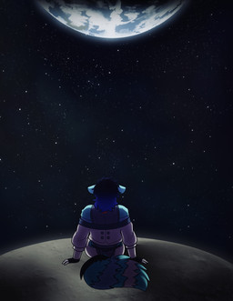 anthro back_towards_viewer blue_body blue_fur cyberpunk_clothes earth female fur markings moon multicolored_body multicolored_fur planet rear_view sitting sitting_on_ground solo space star striped_markings striped_tail stripes tail tail_markings eveartspot cd_projekt_red cyberpunk_2077 cyberpunk_edgerunners jinora_valentine lucyna_kushinada ailurid mammal red_panda absurd_res hi_res