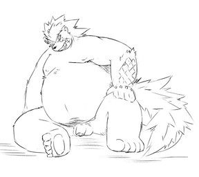 anthro balls belly flaccid foreskin genitals humanoid_genitalia humanoid_hands humanoid_penis kemono male moobs nipples overweight overweight_male penis simple_background sitting solo white_background kureto-sii mammal 2015 monochrome
