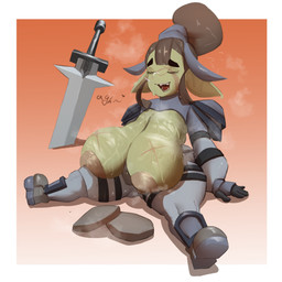 areola armor big_areola big_breasts big_ears big_nipples bodily_fluids breasts female huge_areola huge_breasts humanoid_pointy_ears melee_weapon nipples pointy_ears sagging_breasts scar shortstack shortstack_female sitting solo sweat sweaty_breasts sword thick_thighs weapon kinddegenerate goblin humanoid 1:1 2026 absurd_res digital_media_(artwork) hi_res