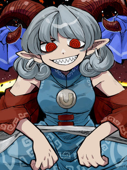 accessory blue_clothing blue_dress bovid_horn caprine_horn clothing curly_hair dress ear_piercing ear_ring female furgonomics grey_hair grin hair horn horn_accessory horn_ribbon humanoid_pointy_ears looking_at_viewer piercing pointy_ears red_eyes red_horn red_sleeves ribbons ring_piercing sharp_teeth smile solo spiral_pupils teeth furukawa_(yomawari) touhou yuuma_toutetsu horned_humanoid humanoid 3:4 hi_res
