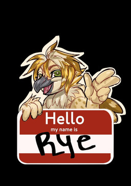 anthro badge finger_gun gesture green_eyes greeting hand_gesture looking_at_viewer male name_tag solo text goathics rye_owl_(character) avian bird owl english_text hi_res