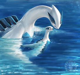 age_difference ambiguous_gender back_spikes blue_body blue_countershading brown_eyes countershading duo eye_contact feral long_neck looking_at_another multicolored_body open_mouth partially_submerged size_difference spikes spikes_(anatomy) tail two_tone_body water white_body young young_feral silverkyuubi17 nintendo pokemon generation_2_pokemon legendary_pokemon lugia pokemon_(species) 2021 hi_res watermark parent_(lore) parent_and_child_(lore)