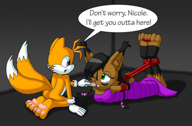 3_toes anthro barefoot bdsm black_hair blue_eyes bodily_fluids captured clothing dipstick_tail dress duo feet female green_eyes hair male markings orange_hair pawpads pink_pawpads soles tail tail_markings tears text toes sonic808 archie_comics sega sonic_the_hedgehog_(archie) sonic_the_hedgehog_(comics) sonic_the_hedgehog_(series) miles_prower nicole_the_lynx canid canine digital_creature felid feline fox lynx mammal english_text