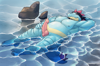 animal_genitalia animal_penis anthro areola armor beard blue_body body_armor claws countershade_face countershading crocodilian_penis erection facial_hair finger_claws floating_on_water genital_slit genitals hand_behind_head head_spikes knot knotted_penis lying male multicolored_body musclegut muscular nipples nude on_back penis rock sharp_teeth snout solo spiked_tail spikes spikes_(anatomy) tail teeth toe_claws vein veiny_penis water wave virieg nintendo pokemon feraligatr generation_2_pokemon pokemon_(species) hi_res
