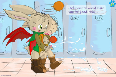 antennae_(anatomy) anthro bodily_fluids cum dialogue duo erection from_behind_position genital_fluids genitals handjob locker male male/male orgasm orgasm_face penile penis pom_antennae reach_around sex shota text young young_anthro raukue final_fantasy square_enix ivalician_moogle mammal moogle english_text