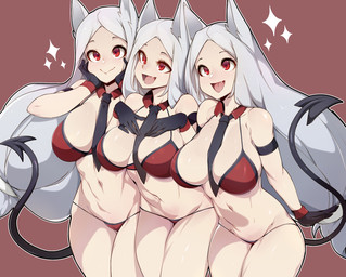 5_fingers accessory big_breasts bikini breasts cleavage clothed clothing exposure_variation female fingers front_view gloves grey_hair group hair handwear light_body light_skin long_hair monotone_hair navel necktie open_mouth red_background red_eyes simple_background smile spade_tail sparkles standing swimwear tail two-piece_swimsuit slugbox helltaker cerberus_(helltaker) animal_humanoid canid canid_humanoid canine canine_humanoid dog_humanoid humanoid mammal mammal_humanoid 2020 hi_res
