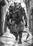 anthro armor barefoot big_breasts biped bottomwear breasts claws clothing detailed_background feet female gun headgear helmet holding_gun holding_object holding_ranged_weapon holding_rifle holding_weapon pants pauldron ranged_weapon rifle solo toe_claws unconvincing_armor walking walking_towards_viewer weapon doctordj warhammer_(franchise) warhammer_40000 rikka_bladetail mammal murid murine rat rodent skaven 2022 digital_media_(artwork) greyscale hi_res monochrome