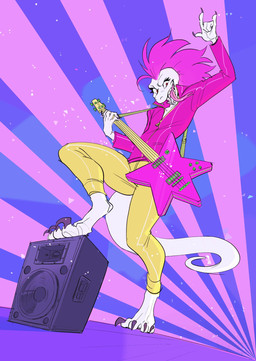 alternative_fashion anthro bass_guitar black_claws bottomwear claws clothing curved_tail devil_horns_(gesture) eyelashes female flat_chested gesture glamrock glitter grin guitar hair hand_gesture jacket musical_instrument open_mouth pants pattern_background pink_clothing pink_hair pink_jacket pink_topwear playing_guitar playing_music plucked_string_instrument pose red_eyes rocking_out sharp_teeth simple_background smile solo speaker standing step_pose string_instrument striped_background tail teeth tongue tongue_out topwear white_body y2k_(graphic_design) yellow_bottomwear yellow_clothing yellow_pants bypbap rhizza_(la_ninya) reptile scalie colorful_theme hi_res