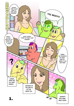 ambiguous_feral ambiguous_gender baby_talk black_eyes breasts brown_eyes brown_hair cleavage clothed clothed_human clothing dialogue eyelashes eyes_closed female female_human feral fur green_body green_eyes green_fur green_hair hair hooves light_body light_skin lips open_mouth pink_body pink_fur pink_lips purple_hair smile sparkles speech_bubble tablet_computer teeth text topwear yellow_body yellow_clothing yellow_fur yellow_topwear young young_ambiguous young_feral carpdime fluffy_pony fluffy_pony_(species) human mammal comic digital_media_(artwork) english_text hi_res