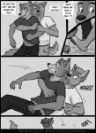 anthro canid canine canis clothing comic dialogue domestic_dog duo embrace english_text greyscale hug jackaloo male male/male mammal monochrome open_mouth slip_(disambiguation) text wolf wrestling