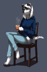 anthro barefoot beverage biped bottomwear breasts chair clothed clothing container cup feet female fully_clothed furniture holding_container holding_cup holding_object pants shirt simple_background sitting solo topwear nut-bar canid canine canis dalmatian domestic_dog mammal 2014