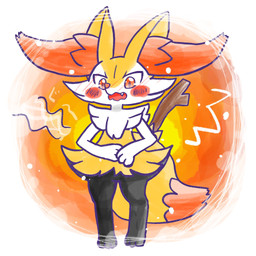 ambiguous_anthro ambiguous_gender anthro biped blush blush_lines blush_stickers blushing_profusely cute_fangs digitigrade dipstick_tail emanata embarrassed fangs front_view looking_down markings object_in_tail open_mouth rumbling_stomach shocked simple_background snout solo standing stick stick_in_tail tail tail_markings teeth text wavy_mouth annyui0611 nintendo pokemon braixen canid generation_6_pokemon mammal pokemon_(species) 1:1 2024 digital_drawing_(artwork) digital_media_(artwork) full-length_portrait hi_res japanese_description japanese_text portrait translated_description