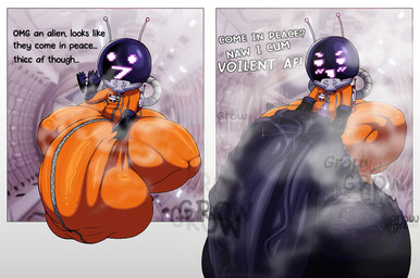 antennae_(anatomy) balls balls_outline barely_contained barely_contained_balls barely_contained_penis big_balls big_butt big_penis black_body blush blush_lines bodily_fluids bottomwear bulge butt butt_from_the_front churning_balls clothing crouching detailed_bulge dialogue feet foot_on_balls genital_outline genitals gesture huge_balls huge_butt huge_penis huge_thighs humanoid_genitalia humanoid_penis hyper hyper_balls hyper_genitalia hyper_penis male motion_blur motion_lines musky_balls musky_penis penis penis_outline presenting presenting_hindquarters purple_body purple_eyes rear_view screen screen_face seductive skinsuit small_but_hung solo space_helmet spacesuit sweat talking_to_viewer text thick_thighs tight_clothing unzipped_bodysuit unzipped_jumpsuit waving waving_at_viewer zipper senordraws alien english_text hi_res