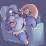 anthro belly blue_belly blue_body clothing eating food furniture male moobs nipples overweight overweight_male sitting sofa solo underwear macrolee the_human_heart_(game) dylan_ramos eulipotyphlan mammal mole_(animal) 1:1 2021 hi_res