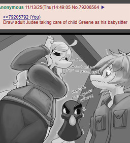 age_difference ahoge anthro big_breasts blush blush_lines breasts clothing curvy_figure dialogue doorway duo female freckled_face freckled_tail freckles hair hand_puppet hoodie jacket long_hair long_tail looking_at_breasts male military_jacket motion_lines older_female short_hair snout tail text thick_thighs topwear voluptuous voluptuous_anthro voluptuous_female young young_anthro young_male younger_male chervyarts 4chan cavemanon_studios puppet_pals snoot_game green_(snoot_game) judee dinosaur prehistoric_species pterosaur reptile saurischian scalie theropod troodon troodontid 2025 english_text greyscale monochrome spot_color