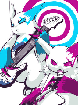 2_fingers 3_toes :< abstract_background ambiguous_gender arm_tuft black_claws black_nose blue_ears blue_eyes blue_markings chest_markings claws cute_fangs duo ear_tuft electric_guitar electronics fangs feet feral fingers fluffy guitar head_markings holding_object looking_aside looking_at_another markings microphone microphone_stand multicolored_body multicolored_ears musical_instrument narrowed_eyes noseless open_mouth pink_ears pink_eyes pink_markings pink_tongue plucked_string_instrument pupils shoulder_tuft simple_background small_pupils sparkles sparkling_eyes standing string_instrument teeth three-quarter_view toes tongue tuft two_tone_body white_background white_body white_ears wire gyi. nintendo pokemon generation_3_pokemon pokemon_(species) shiny_pokemon zangoose 2010 3:4 digital_media_(artwork) digital_painting_(artwork) painting_(artwork) restricted_palette shaded