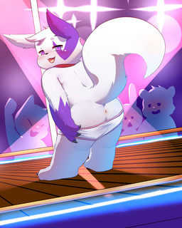 anthro anus butt clothing fur group male pole presenting presenting_hindquarters purple_body purple_fur standing stripper stripper_pole tail underwear white_body white_fur badcat nintendo pokemon generation_3_pokemon pokemon_(species) zangoose hi_res