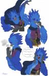 anthro beak blue_body blue_feathers cape cigarette clothed clothing feathers gun handgun ranged_weapon red_eyes smoking solo speech_bubble weapon conditional_dnp irootie aiareck_arpia accipitrid accipitriform avian bird eagle harpy_eagle 2018 absurd_res digital_media_(artwork) hi_res watermark