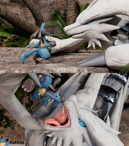 2_panel_comic ambiguous/ambiguous ambiguous_gender anthro blue_eyes bodily_fluids carrying_another dangling extreme_size_difference feral grinning_at_another high-angle_view imminent_vore mouth_shot open_mouth saliva sharp_teeth side_view size_difference teeth temple tongue hakhop nintendo pokemon generation_4_pokemon generation_5_pokemon legendary_pokemon lucario pokemon_(species) reshiram 2016 blender_(artwork) blender_cycles_(artwork) digital_media_(artwork) hi_res