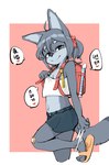 anthro backpack band-aid bandage blue_eyes bottomwear button_(fastener) button_skirt circle_eyebrows clothed clothing clothing_around_one_leg crop_top denim denim_bottomwear denim_clothing denim_skirt dipstick_tail eyebrows female flashing flat_chested fur grey_body grey_fur grey_hair hair kemono loli markings midriff musical_instrument navel nipples panties panties_around_ankle panties_around_one_leg panties_down partially_clothed recorder_(musical_instrument) shirt skirt solo tail tail_markings text tied_hair topwear underwear underwear_around_one_leg underwear_down white_clothing white_panties white_underwear wind_instrument woodwind_instrument young young_female tomato27204917 canid canine fox mammal hi_res korean_text translated