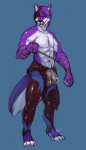 4_toes abs anthro athletic barefoot biceps biped black_hair black_nose blue_background bulge chest_tuft claws clothed clothing countershading detailed_bulge fangs feet fur genital_outline grin hair looking_at_viewer male multicolored_hair muscular muscular_anthro navel pecs penis_outline pose purple_body purple_fur purple_hair rope simple_background smile solo standing swimwear teeth toe_claws toes topless tuft two_tone_hair wetsuit white_body white_fur boulevard shyloc canid canine canis fox hybrid mammal wolf