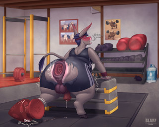 accessory anal animal_genitalia animal_penis anthro anus backsack balls barbell basement big_balls big_butt blue_eyes blue_hair blush bodily_fluids bottomwear butt buttplug clothing dialogue drooling equine_anus equine_genitalia equine_penis exercise flaccid gape_fart gaping gaping_anus genital_fluids genitals grey_body gym hair headband hooves huge_butt leaning leaning_forward long_ears loose_anus lube_bottle male musk overweight penis plug_(sex_toy) precum presenting presenting_hindquarters puffy_anus rear_view saliva sex_toy solo steam stretching sweat sweatband sweaty_body sweaty_butt tail tears thick_thighs torn_bottomwear torn_clothing unitard warm wide_hips workout wristband blarf don_(blarf) asinus donkey equid equine mammal absurd_res hi_res tagme