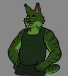 anthro belly blush bottomwear clothing food fruit male markings melon plant shirt slightly_chubby slightly_chubby_male smile solo spots spotted_markings tail tank_top topwear watermelon dynogreeno felid feline hybrid lynx mammal hi_res