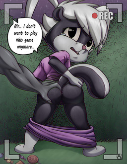 5_fingers anthro anus barefoot black_body black_fur black_tail bodily_fluids bottomwear bribery butt butt_grab camera_view candy clothed clothing crying dessert dialogue duo feet female female_focus fingers food fur genitals grope hair hand_on_butt loli looking_back multicolored_body multicolored_fur night offscreen_character outside partially_clothed presenting presenting_hindquarters purple_bottomwear purple_clothing purple_shirt purple_t-shirt purple_topwear questionable_consent raised_tail recording reluctant sexual_assault shirt solo_focus spread_butt spreading t-shirt tail tears text topwear two_tone_body two_tone_fur two_tone_tail vulva white_body white_fur white_hair white_tail young young_anthro andyaoa sabrina_online garret_mvahd_(oc) tabitha_(sabrina_online) mammal mephitid skunk striped_skunk absurd_res english_text hi_res