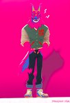 anthro bolt_emanata bottomwear clothing denim denim_bottomwear denim_clothing emanata footwear fur hands_in_both_pockets jacket jeans male pants pink_background pink_body pink_fur red_eyes shoes simple_background smile solo tongue tongue_out topwear smackerino epic_games fortnite andy_fangerson alebrije canid canine canis mammal wolf 2024 full-length_portrait hi_res portrait signature