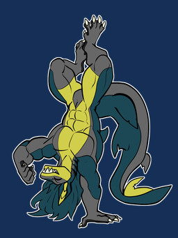 abs anthro biceps claws fangs fin green_body grey_body handstand male muscular muscular_male paws pecs smile solo tail teeth upside_down yellow_body rtf-m brom_(sahurus) aquatic fish shark 3:4 alpha_channel hi_res