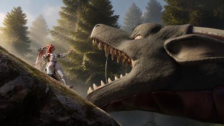 anthro armor atmospheric bodily_fluids cinematic dramatic_lighting fantasy female fog forest hair light light_beam macro mouth_shot open_mouth plant red_hair saliva size_difference sunbeam sunlight teeth tree vore wings dragonneighbors mythology azalea bunsen dragon mythological_creature mythological_scalie reptile scalie 2026 3d_(artwork) digital_media_(artwork) hi_res