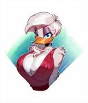 2018 anatid anseriform anthro avian beak big_breasts bird blue_eyes breasts chest_tuft choker cleavage clothed clothing daisy_duck digital_media_(artwork) disney duck eyeshadow feathers female glistening_eyelids hair half-closed_eyes hi_res jewelry lidded_eyes looking_at_viewer makeup narrowed_eyes necklace nipple_outline non-mammal_breasts quack_pack red_clothing red_shirt red_topwear shirt simple_background smile solo topwear tuft white-devil white_background white_body white_feathers white_hair