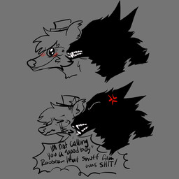 angry anthro bodily_fluids clothing crying duo hat headgear headwear male tears text puppy_meats rottingxrooster i'm_not_calling_you_"good_boy" rooster_(rottingxrooster) canid canine canis domestic_dog mammal 1:1 english_text hi_res meme sketch