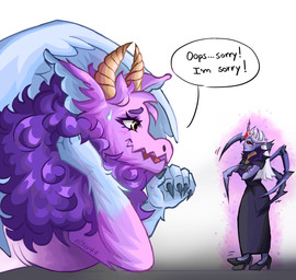 annoyed anthro blue_body blue_ears blue_paws blush blush_lines clothed clothing crossed_arms crown dewlap_(anatomy) dialogue dragon_paws duo embarrassed extreme_size_difference female female/female fluffy fluffy_ears footwear fur headgear high_heels horn larger_female looking_at_another looking_down lying macro macro_female micro multicolored_body multicolored_fur on_front pink_body pink_fur purple_body purple_fur red_sclera shoes shrinking shrunk size_difference size_transformation smaller_female sparkles speech_bubble tapping_foot text transformation two_tone_body yellow_eyes yellow_horn al3w49 mythology petal_(dapperhedgehog) dragon drow elf fairy_dragon furred_dragon furred_scalie lizard mammal mythological_creature mythological_scalie reptile scalie winged_dragon absurd_res english_text hi_res