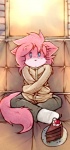 blue_eyes countershading female fur hair looking_at_viewer pink_body pink_fur pink_hair restraints solo straitjacket tail the_cake_is_not_a_lie orangebox vg_cats aeris_(vg_cats) domestic_cat felid feline felis mammal