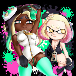 black_background black_bottomwear black_clothing black_gloves black_hair black_handwear black_shorts black_topwear blonde_hair bottomwear bottomwear_down breasts clothed clothing cross_pupils crown dark_body dark_skin duo electronics eyelashes female fingerless_gloves front_view genitals gloves green_clothing green_eyes green_hair green_legwear green_thigh_highs hair handwear headgear headphones horizontal_pupils legwear long_hair mole_under_mouth multicolored_hair navel navel_piercing no_underwear partially_clothed piercing pink_clothing pink_hair pink_legwear pink_thigh_highs pseudo_hair pupils shorts shorts_down simple_background tan_body tan_skin tentacle_hair tentacles thick_thighs thigh_highs topwear two_tone_hair upskirt vulva white_clothing wide_hips yellow_eyes zipper rasenxoru nintendo splatoon marina_(splatoon) pearl_(splatoon) animal_humanoid aquatic aquatic_humanoid cephalopod cephalopod_humanoid humanoid inkling mollusk mollusk_humanoid octarian octoling octopus_humanoid squid_humanoid 1:1 hi_res
