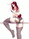 2018 absurd_res anthro biped blue_eyes buckteeth bulge clothed clothing digital_media_(artwork) ear_piercing femboy fingers flat_chested garter_belt garter_straps hair hi_res huggles lagomorph legwear leporid long_hair looking_at_viewer looking_back male mammal panties piercing rabbit red_hair sitting smile solo squish stockings suelix teeth thick_thighs thigh_highs thigh_squish tight_clothing underwear