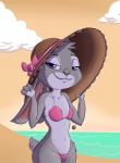 2016 4_fingers absurd_res anthro beach bikini breasts clothed clothing cloud detailed_background digital_drawing_(artwork) digital_media_(artwork) disney duo ears_down female fingers fur grey_body grey_fur half-closed_eyes hat head_tuft headgear headwear hi_res judy_hopps lagomorph leporid looking_at_viewer mammal multicolored_body multicolored_fur narrowed_eyes navel nekr0ns outside pivoted_ears purple_eyes rabbit sand seaside skimpy sky small_breasts small_tail smile solo string_bikini swimwear tail tuft two-piece_swimsuit two_tone_body two_tone_fur wide_hipped_female wide_hips zootopia