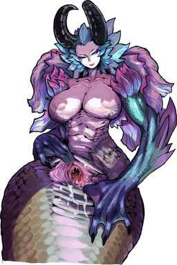 animal_genitalia animal_vulva apode areola big_breasts blue_hair bodily_fluids breasts claws cloaca curved_horn eyeshadow female genital_fluids genitals hair half-closed_eyes horn legless lipstick looking_at_viewer makeup membrane_(anatomy) monster_girl_(genre) multicolored_body multicolored_hair multicolored_scales narrowed_eyes nipples nude pink_hair presenting scales serpentine simple_background smile solo split_form spread_cloaca spreading vaginal_fluids vulva white_background wide_hips nezumi_(artist) toukiden glaciabella animal_humanoid draconcopode humanoid lamia monster reptile scalie snake 2016 hi_res