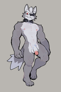 anthro areola balls biped claws collar eye_patch eyewear feet fingers flaccid front_view fur genitals glans grey_background grey_body grey_fur humanoid_genitalia humanoid_hands humanoid_penis looking_at_viewer looking_down low-angle_view male muscular muscular_anthro muscular_arms muscular_legs muscular_male nipples nude_anthro nude_male penis red_eyes simple_background smile smirk smug solo spiked_collar spikes standing toe_claws toes jrjresq nintendo star_fox wolf_o'donnell canid canine canis mammal wolf 2:3 colored full-length_portrait hi_res portrait