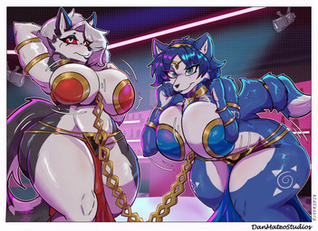 anthro armlet bdsm big_breasts big_butt black_eyeshadow blue_body blue_eyes blue_eyeshadow blue_fur blue_hair bondage bottomwear bound bracelet breast_squish breasts butt chained_together clothed clothing dancing duo eyelashes eyeshadow facial_tuft female fluffy fluffy_tail fur glistening_eyelids gold_(metal) gold_jewelry grey_body grey_fur grey_hair hair hand_behind_head harem_outfit jewelry leaning leaning_forward loincloth long_eyelashes makeup motion_lines multicolored_body multicolored_fur red_sclera squish tail thick_thighs tuft two_tone_body two_tone_fur white_body white_eyes white_fur wide_hips danmateostudios hellaverse helluva_boss mythology nintendo star_fox krystal_(star_fox) loona_(helluva_boss) canid canid_demon canine demon fox hellhound mammal mythological_canine mythological_creature absurd_res hi_res