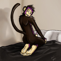 5_toes anthro barefoot bed bedding biped blanket brown_body brown_fur circumcised ear_piercing erection feet fur furniture genitals hindpaw humanoid_feet humanoid_genitalia humanoid_penis kneeling long_tail looking_at_viewer looking_back looking_back_at_viewer male nude on_bed open_mouth paws penis piercing pillow pink_body pink_eyes pink_fur plantigrade raised_tail shadow smile soles solo tail teeth toes lazertooth kahlua_(shuigetsu) haplorhine mammal monkey primate 1:1 2013