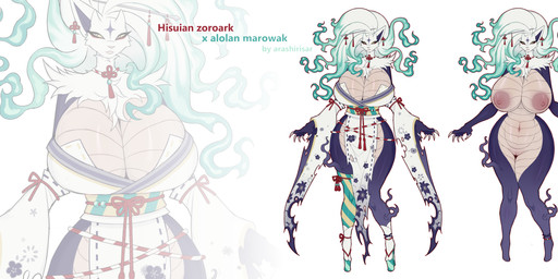 anthro breasts female mature_female overweight slightly_chubby solo thick_thighs arashirisar nintendo pokemon fan_character alolan_form alolan_marowak generation_7_pokemon generation_8_pokemon hisuian_form hisuian_zoroark pokemon_(species) regional_form_(pokemon) absurd_res hi_res model_sheet