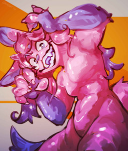 anthro bared_teeth bent_over claws glistening hair looking_at_viewer male open_mouth pawpads pink_body pink_hair smile smiling_at_viewer solo teeth chompingbit canid canine mammal absurd_res hi_res