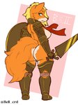 anthro armor big_breasts big_butt blonde_hair breasts bubble_butt butt butt_pose female frown fur genitals green_eyes hair melee_weapon mostly_nude orange_body orange_fur pose pussy scarf shield solo sword tail thick_thighs unconvincing_armor weapon wide_hips bell_crd izalith_neferith canid canine fox mammal 3:4 hi_res