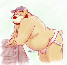 anthro beard belly big_belly brown_body bulge clothing eyewear facial_hair glasses hat headgear headwear humanoid_hands jockstrap kemono male moobs overweight overweight_male solo text underwear vvolfaith bear mammal 2015 english_text hi_res
