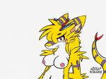 anthro breasts female fur heart_symbol markings non-mammal_breasts purple_markings red_eyes smile solo tail yellow_body yellow_fur thekatdragon49 mythology quina dragon mythological_creature mythological_scalie scalie 4:3