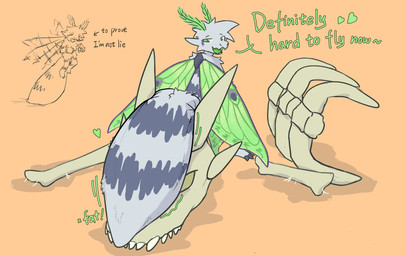 abdomen_vore anthro biped bone dialogue digestion heart_symbol open_mouth quadruped size_difference smaller_anthro smaller_pred solo text unusual_vore vore wings accadurosoce mythology muth_(accadurosoce) arthropod insect lepidopteran moth 2025 english_text hi_res