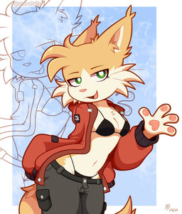 4_fingers anthro athletic athletic_anthro athletic_female bra breasts cheek_tuft cleavage clothed clothing countershade_face countershade_torso countershading crotch_lines facial_tuft female fingers green_eyes head_tuft jacket midriff navel open_clothing open_jacket open_topwear panties pawpads pointy_ears pose prick_ears small_breasts smile smug solo topwear tuft underwear wave white_body white_countershading wide_hips zarckets rolo_(rolo_stuff) domestic_cat felid feline felis mammal